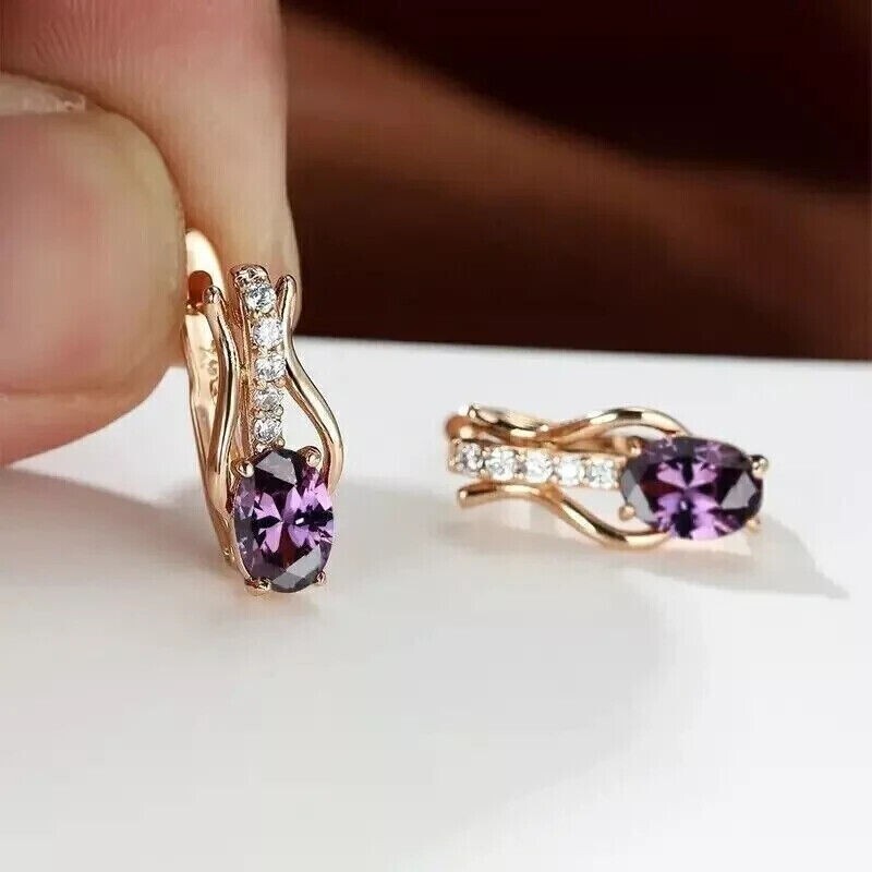 2Ct Oval Simulated Amethyst Hoop Earrings in 14K Rose Gold