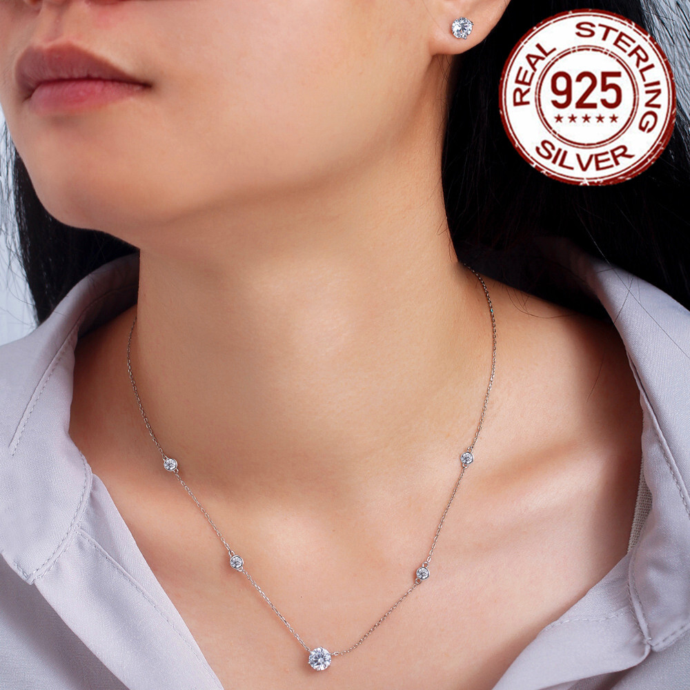 Sterling Silver Round Cubic Zirconia Necklace and Stud Earrings Set  