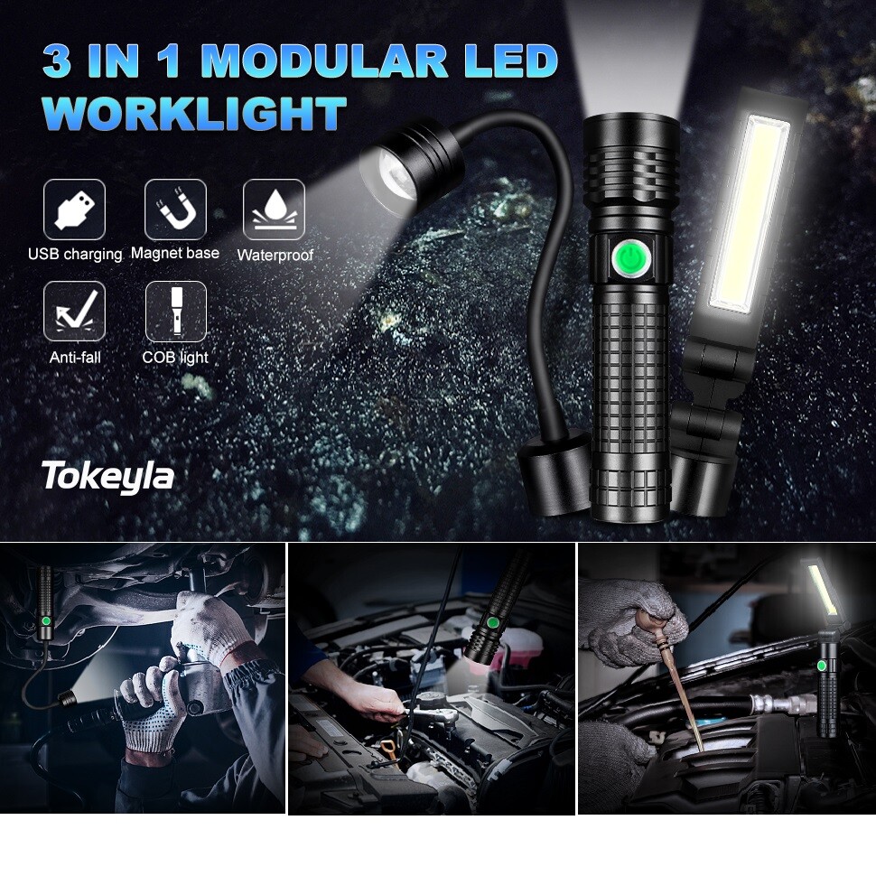 Linterna LED Magnética COB Luz de Trabajo 3 en 1 Antorcha LED Plegable Lámpara de Trabajo