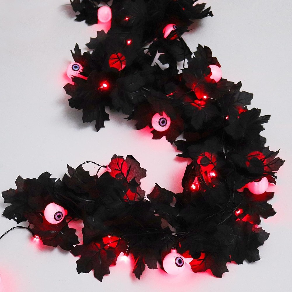 Black Garland with Red LED Eyes and Faux Leaves for Spooky Fall Decor