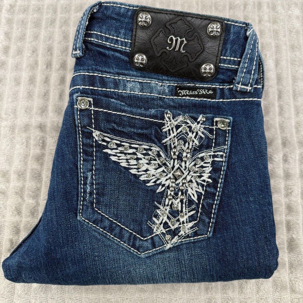 Miss Me Women's 28 Skinny Jeans with Embellished Angel Wing Pockets 30x32