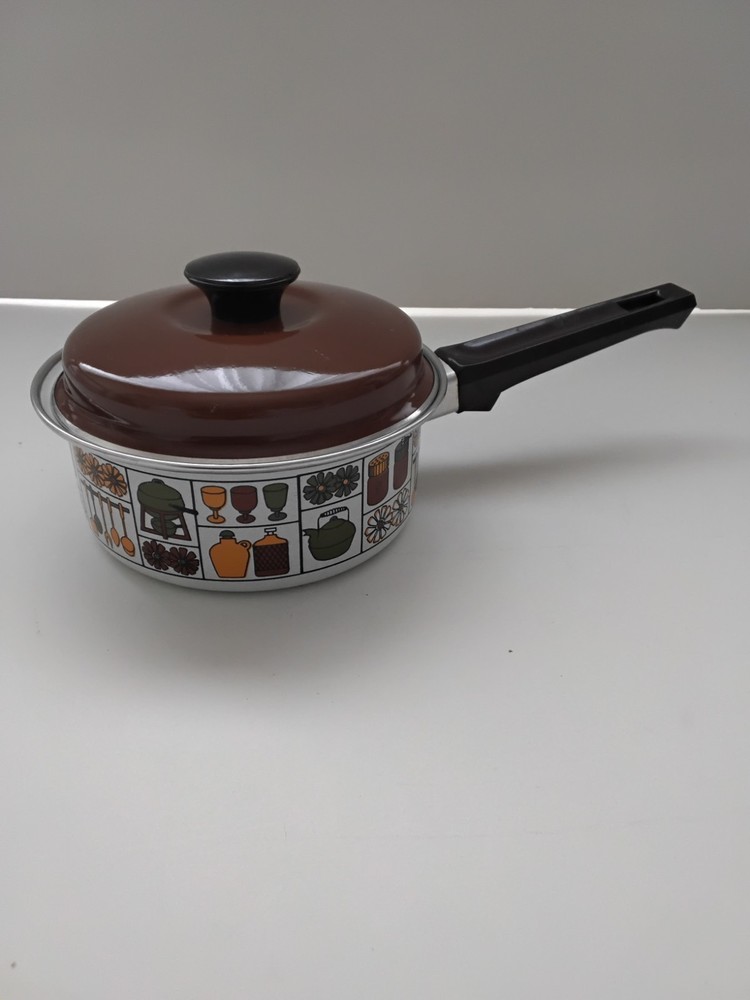 Vintage 1960s Enamelware 1 Quart Sauce Pan Danish Mid Century Design W/Lid Retro