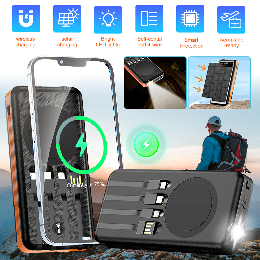 Solar Power Bank Charger Portable Wireless Charger Battery LED For Cell Phone