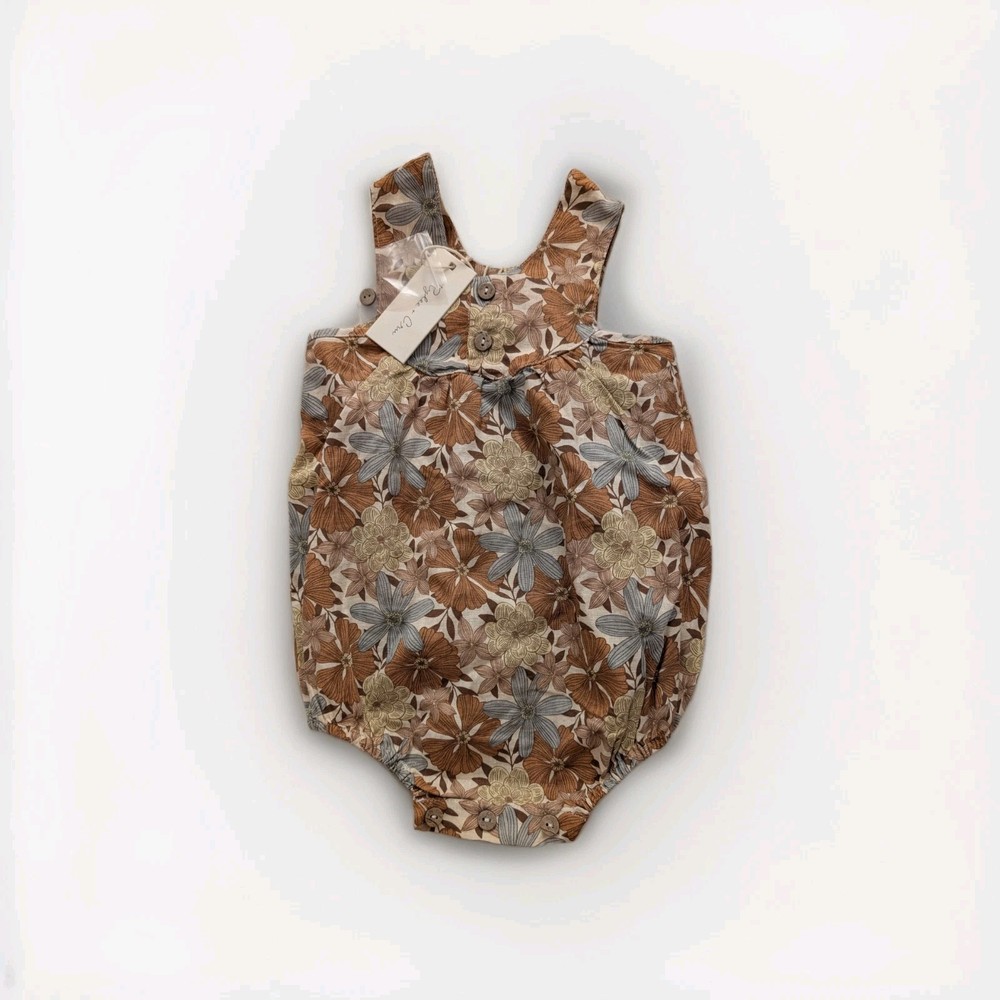 Rylee + Cru Floral Sleeveless Cotton Romper Brown Beige Gray White 3-6 Months