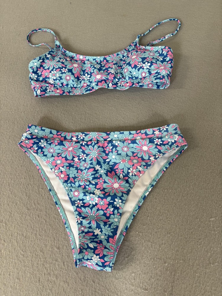 Floral Bikini Swimsuit Womens Large Blue Pink Two Piece Retro High Waist Swim
