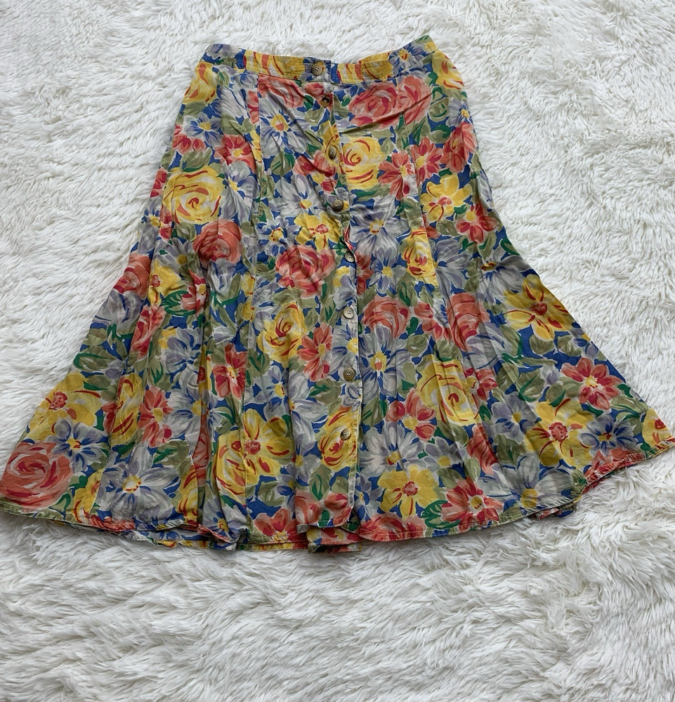 Liz Claiborne Womens 10 Floral Linen A-Line Midi Skirt Cottage Button Detail