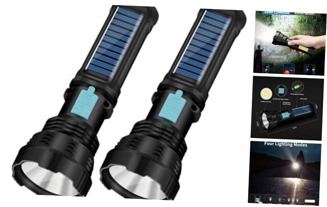 Led Solar Flashlight, 1500 Lumens Led Solar Handheld Rechargeable 2 Packs