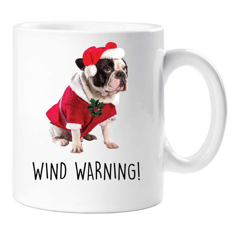 French Bulldog Christmas Mug with Wind Warning Cute Pet Gift for Dog Lovers