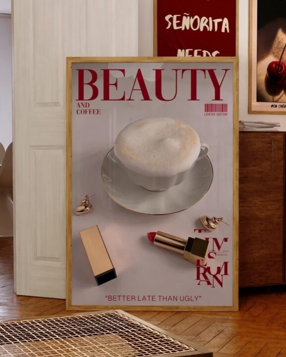 70s Retro Beauty Magazine Poster - Red Wall Art for Coffee Shop Decor  
