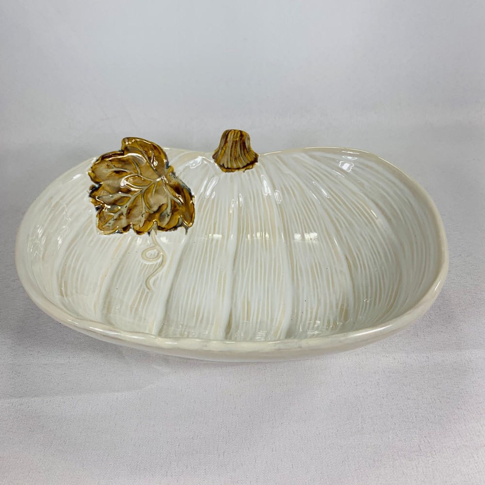 Pumpkin  Shape Fall  Thanksgiving leaf cream color candy food Decor dish 10”