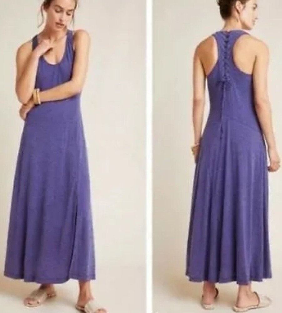 Anthropologie Maeve Dress Maxi Sleeveless Lace Up Tank Side Slit Purple XS Boho