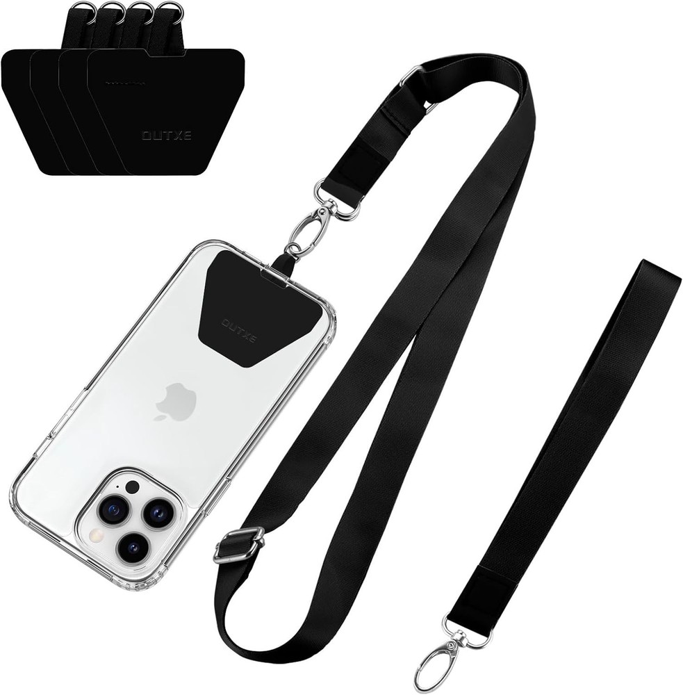 OUTXE Adjustable Phone Lanyard with 4 Pads and Wrist Strap in Black  