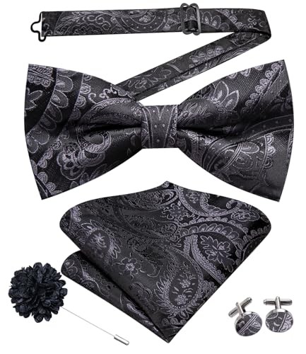 Men's Pre-Tied Bow Tie Set with Paisley Floral Pocket Square & Lapel Pin
