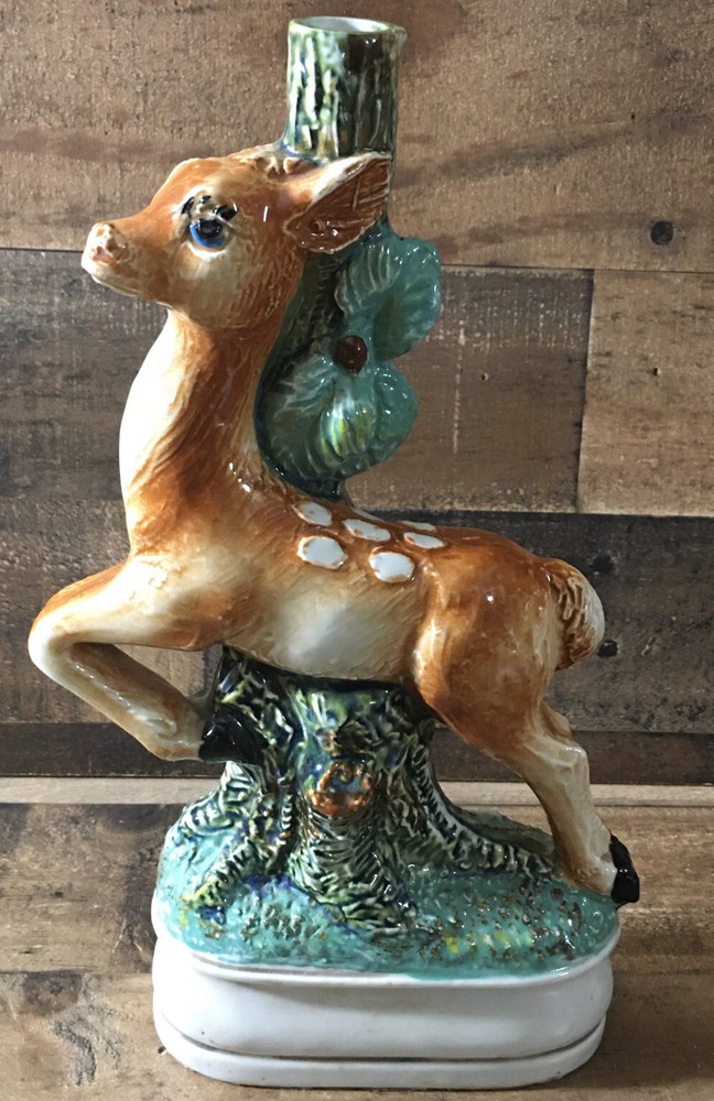 VTG Hand-Painted Deer Fawn Candle Holder 11.5 Inch Kitschy Grannycore Italy Midcentury Nature Decor