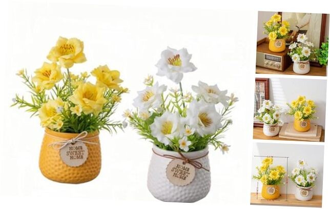 Silk artificial rose flower in small ceramic pot spring home decor variety  