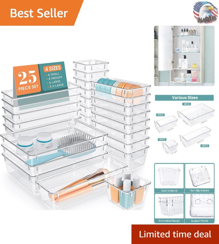 25-Piece Clear Stackable Drawer Organizer Set – Versatile Storage Solution