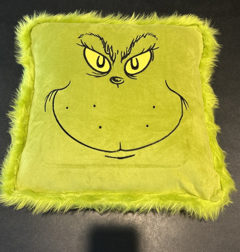 Grinch Face Pillow 16x16in Green Faux Fur Dr Seuss Inspired