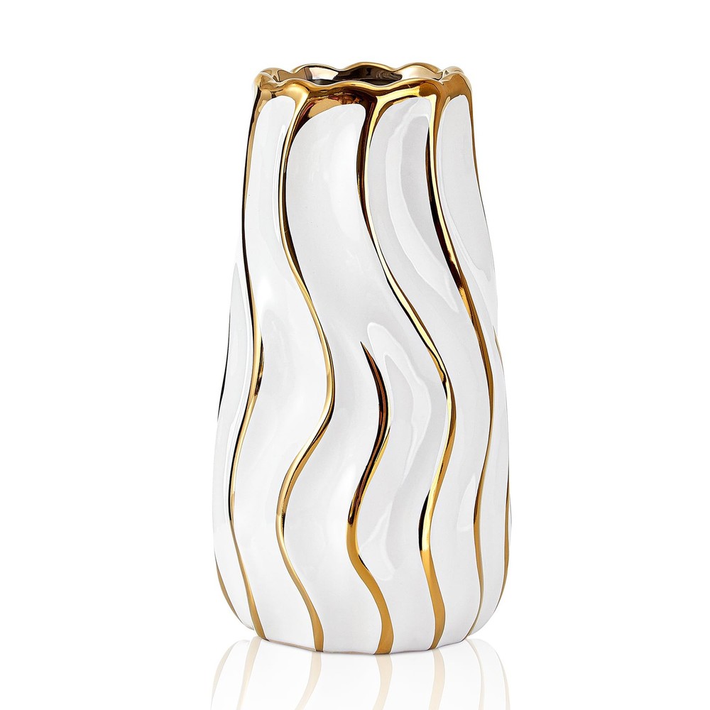 White Ceramic Vase for Home Decor,Decorative Flower Vase, Vertical Stripe Cer