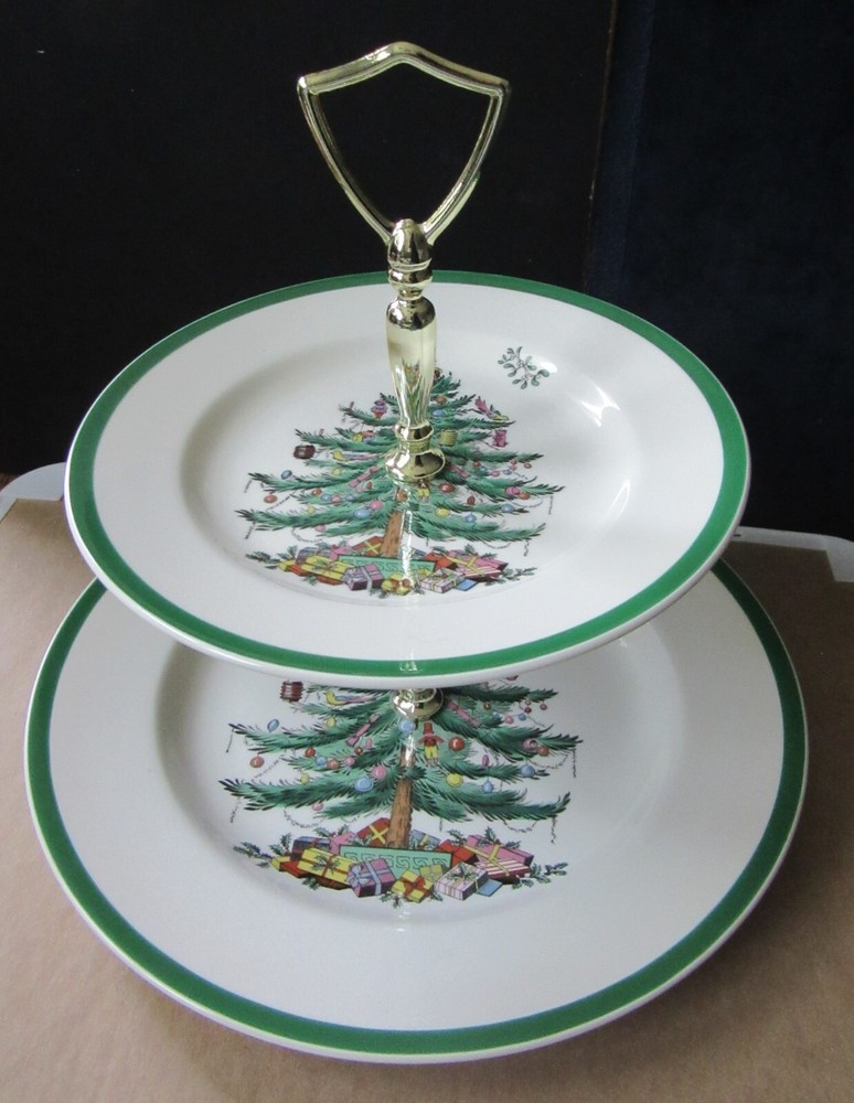 Vintage SPODE Christmas Tree 2-Tier Cake Cookies Dessert Stand Plate 10