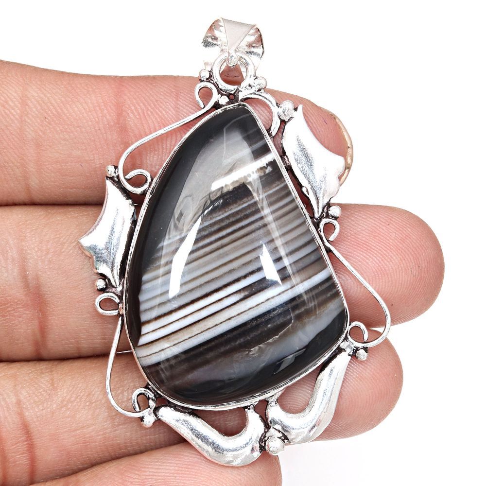Gray Botswana Agate Pendant Silver Jewelry Mother's Day Gift 2.25 Inch