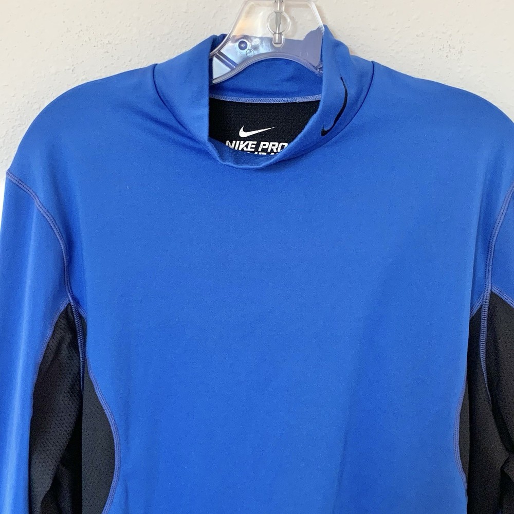 Nike Pro Combat Men’s Blue Black Dri Fit Mock Neck Fitted Long Sleeve Shirt XL