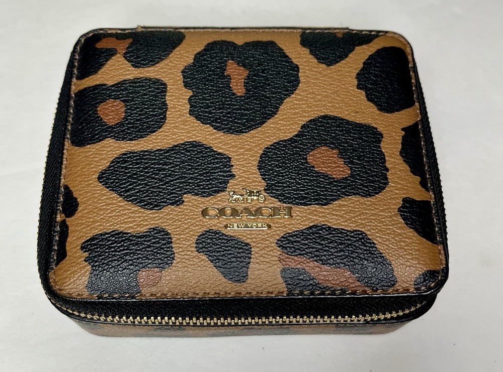 COACH Leopard Print Zip Around Jewelry Box Authentic Animal Cat Design