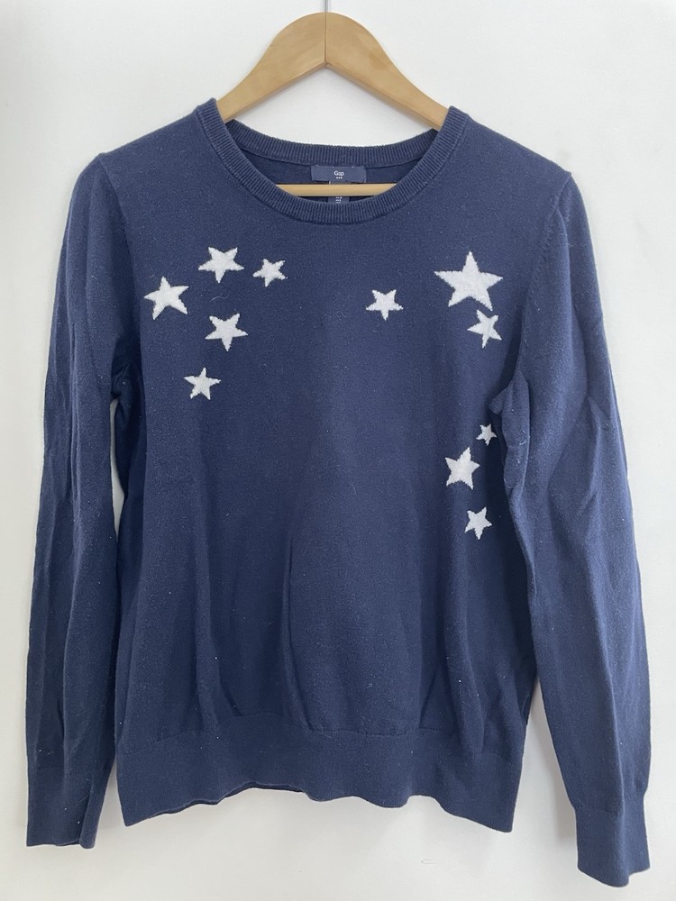 Gap Women's Stars Cotton Blend Classic Rib-Knit Crewneck Pullover Sweater Navy L