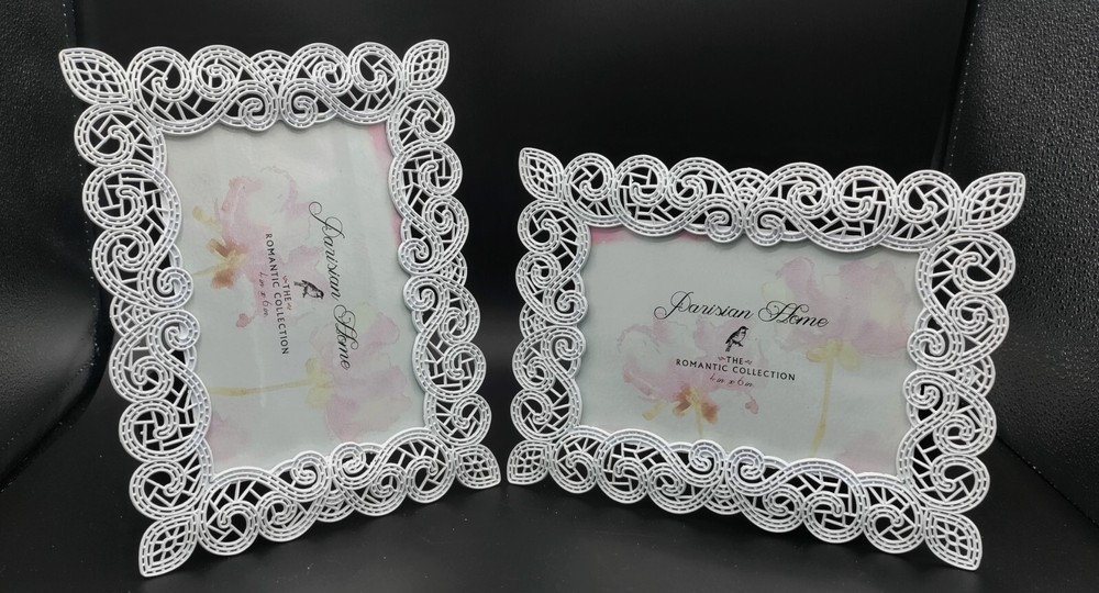 2 Enamel White Metal Lace Picture Frames PARISIAN HOME 4x6 Free Standing 2 way