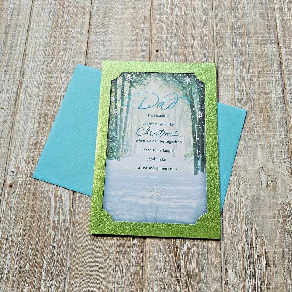 Christmas Greeting Card For Dad Green Blue Metallic Snow Glitter Hallmark