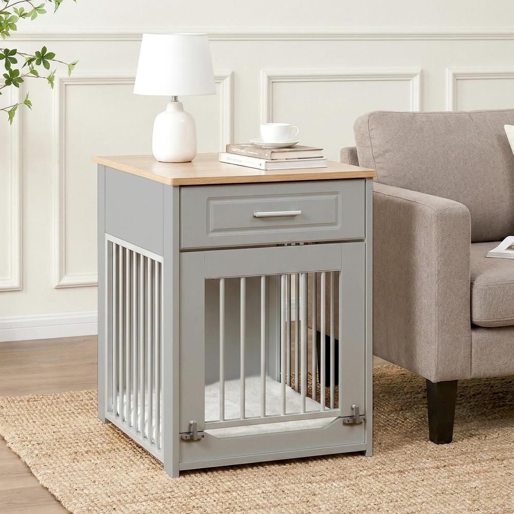 Grey Wooden Dog Crate Furniture Side Table Indoor Kennel Lockable Door Drawer