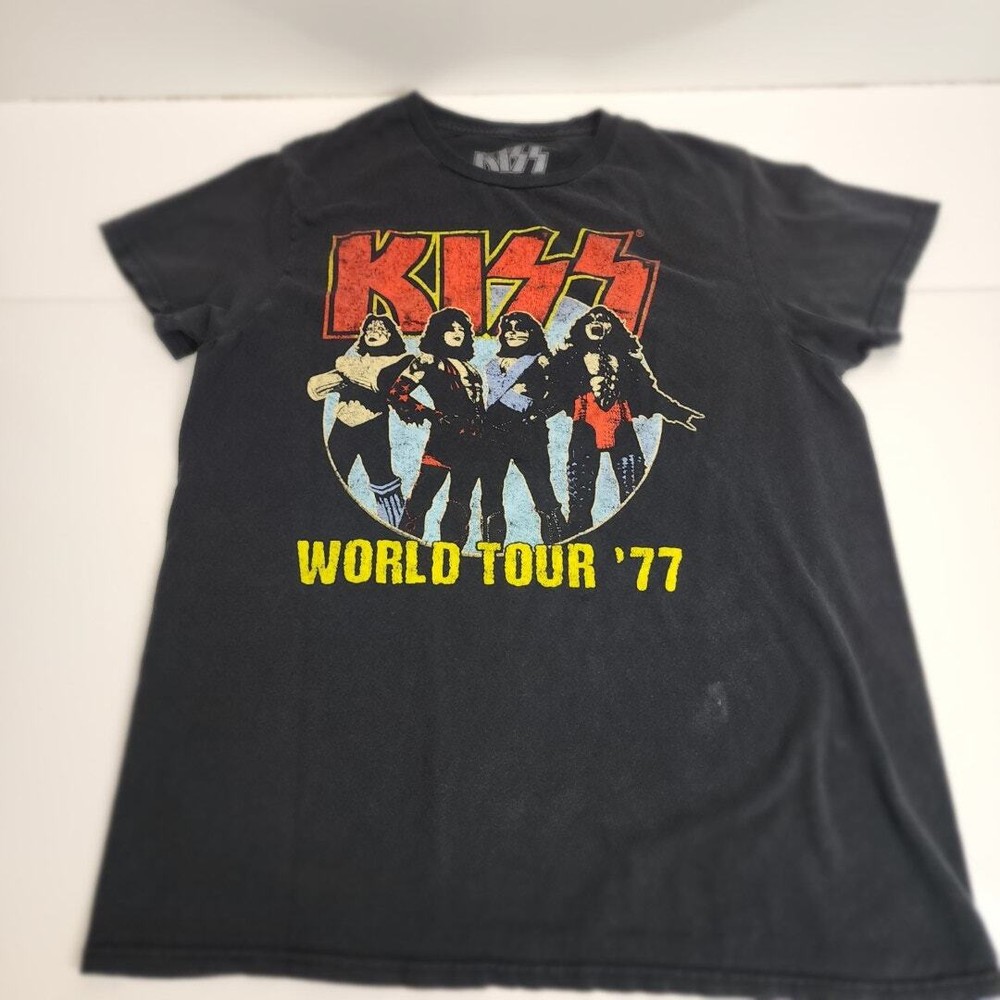 KISS 1977 World Tour Black Metal Band Tee Mens Size M