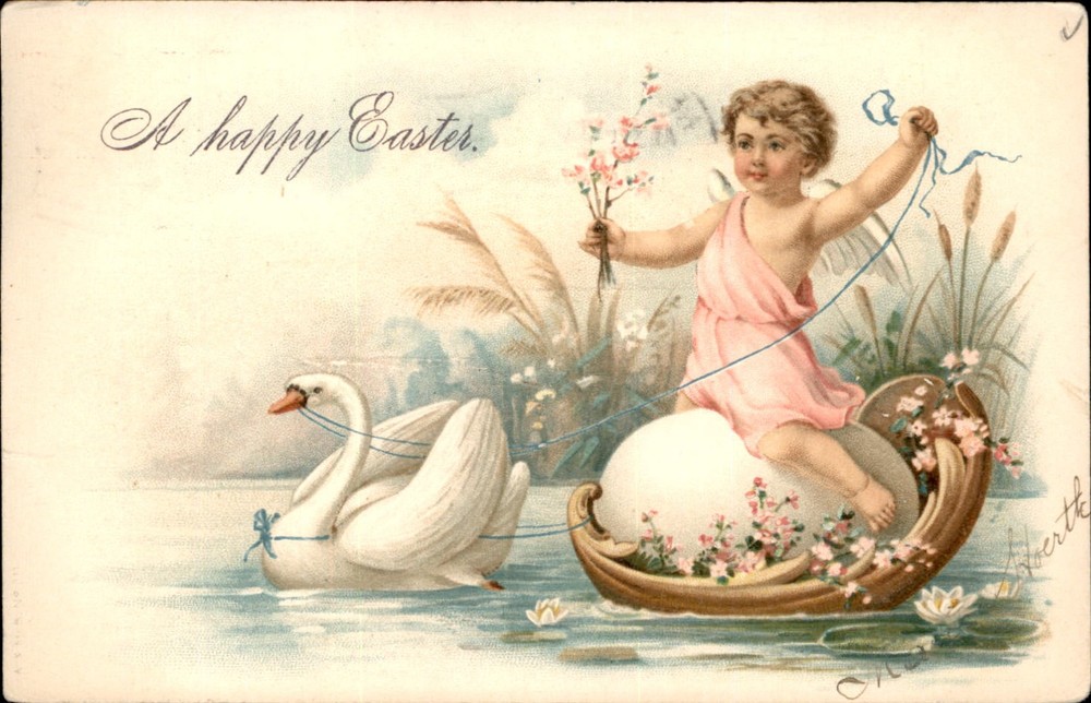 Easter Cherub Rides Egg  Swan Chariot Boat c1900-20s Vintage Postcard