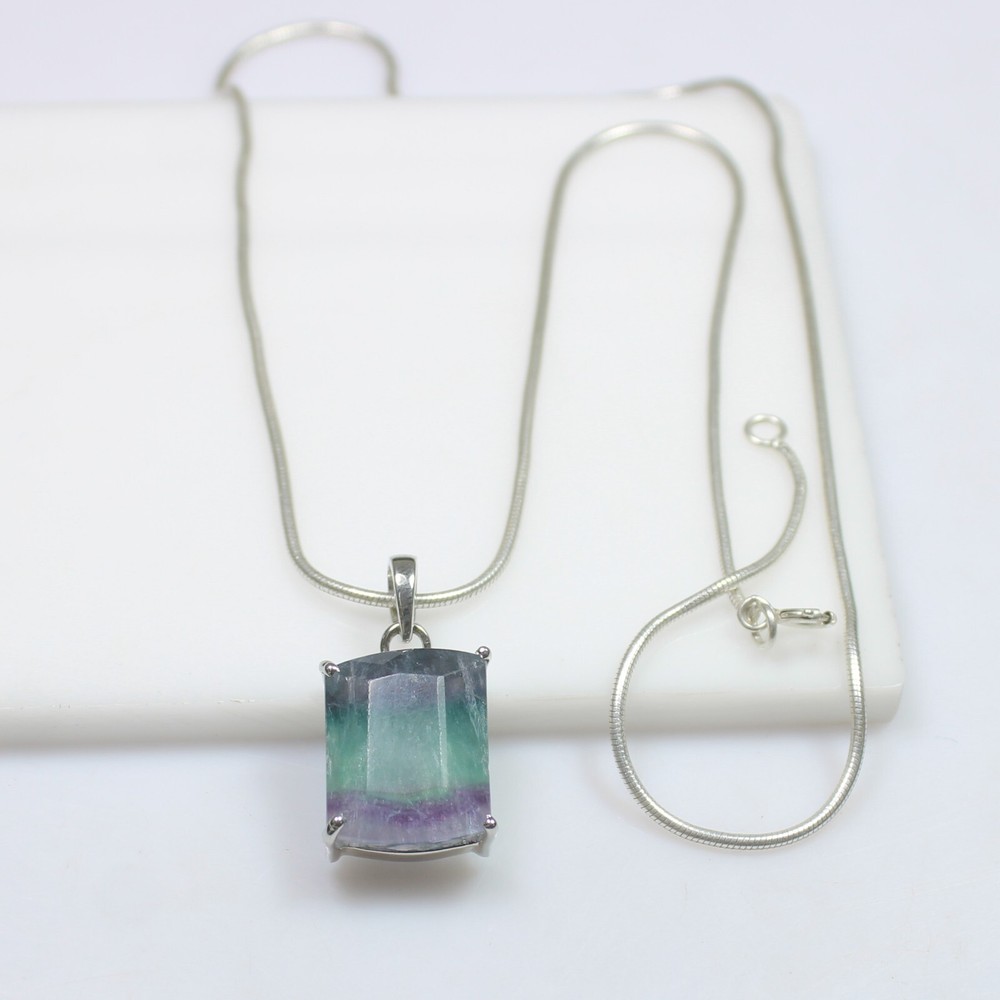Natural Multi Fluorite Pendent In 925 Sterling Silver With Silver Snake Chain