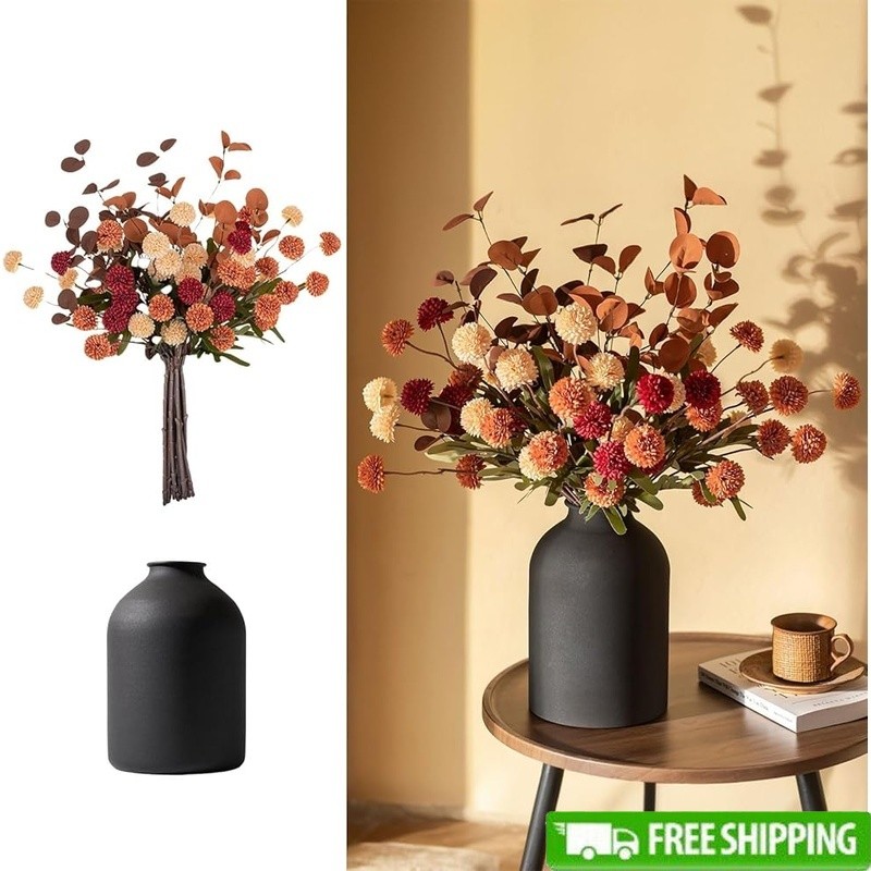 Burnt Orange Artificial Kiku Flower Arrangement W/ Metal Vase Home Decor New