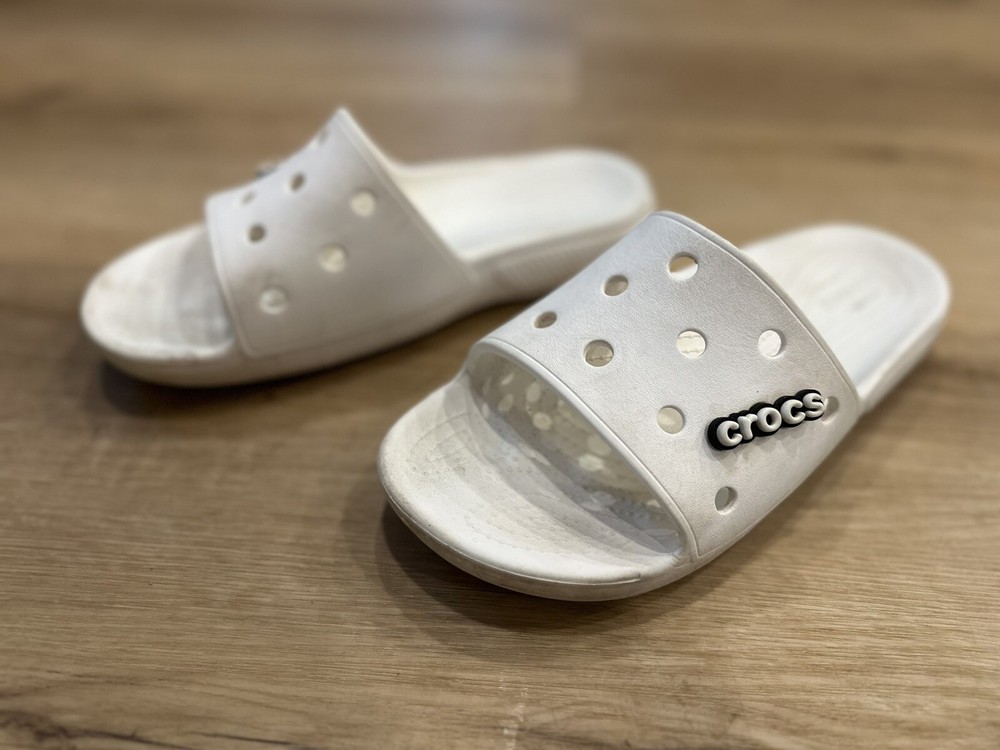 Crocs® Classic Women's Unisex Slide White with Logo Jibbitz Size US W 10 M 8