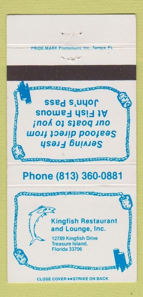 Vintage Kingfish Restaurant Matchbook Cover Treasure Island Florida 30 Strike