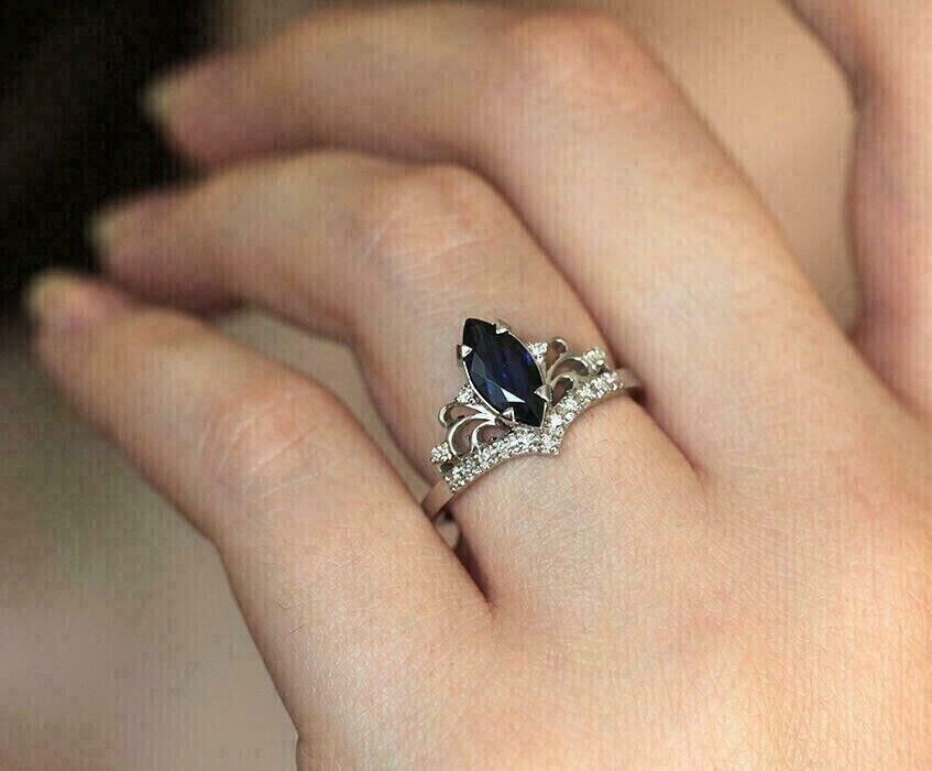 2Ct Marquise Cut Simulated Blue Sapphire Engagement Ring 14K White Gold Plated