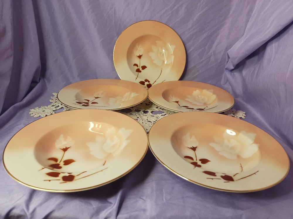 Vintage Set of 5 Syracuse Old Ivory Madam Butterfly Rimmed Soup Bowls