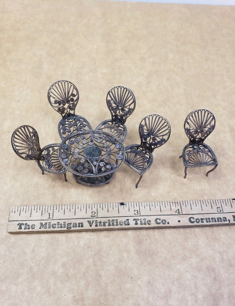 Antique 935 Sterling Silver Miniature Filigree Doll House Furniture Table Chairs