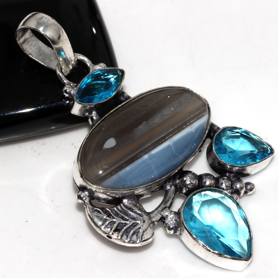 925 Silver Plated Owhyee Blue Opal Blue Topaz Long Pendant Jewelry Size 2