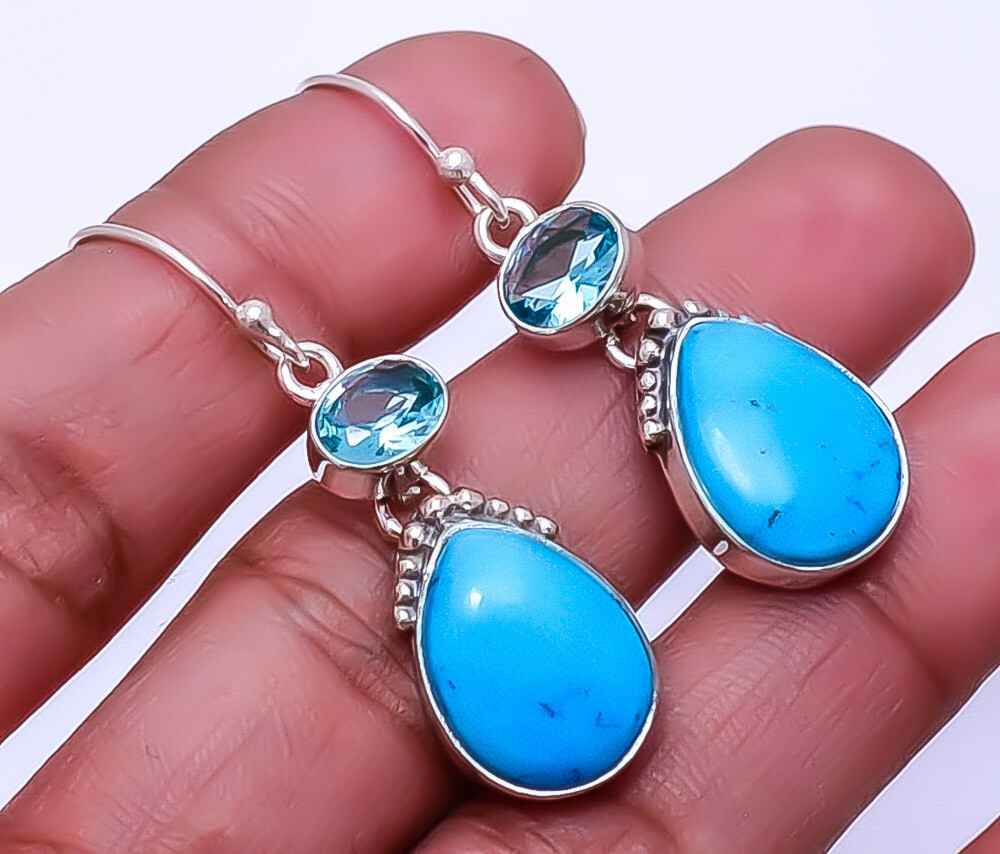 Magnesite Turquoise & Blue Topaz Designer 925 Sterling Silver Earring 1.72