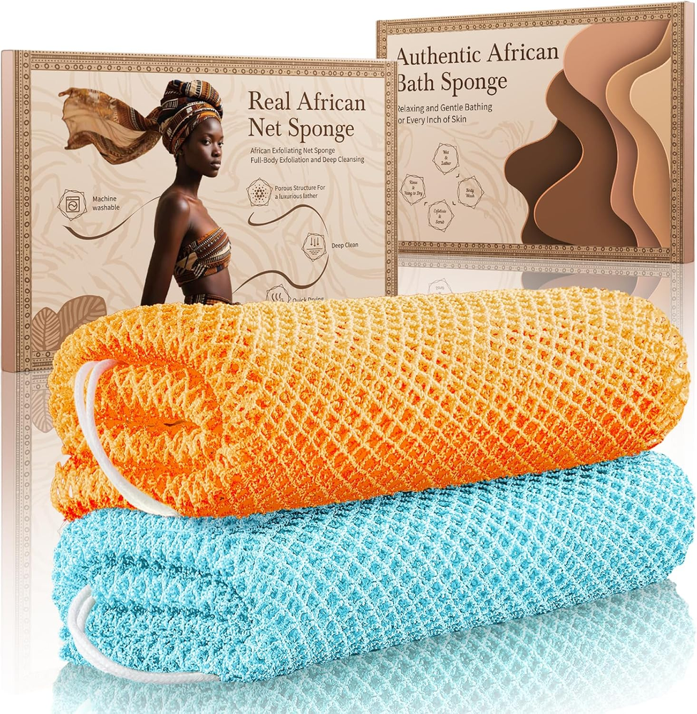 African Net Sponge Authentic 2 Pieces Gentle Exfoliating Body Scrubber Bath Spon