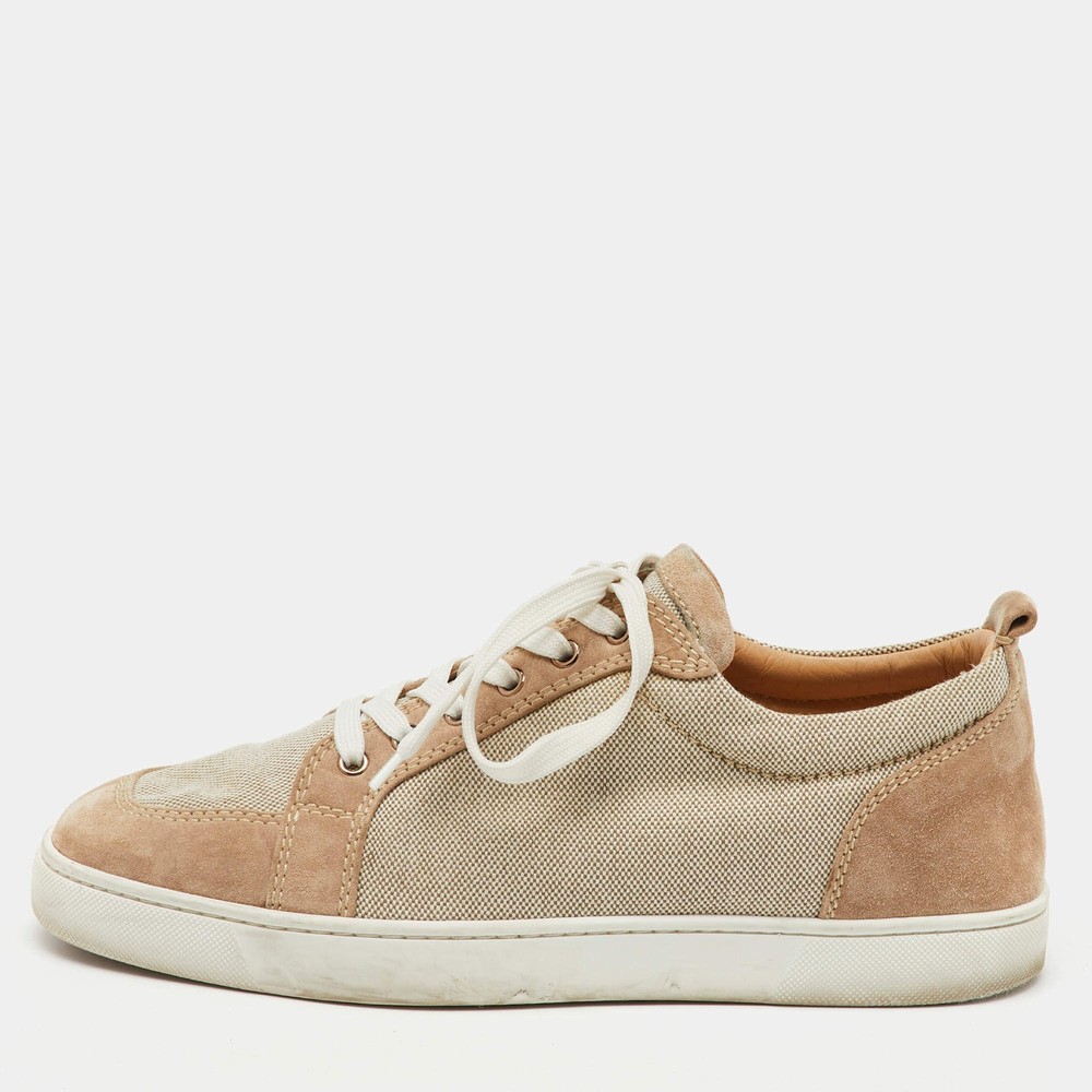 Christian Louboutin BeigeWhite Canvas and Suede Rantulow Low Top Sneakers Size