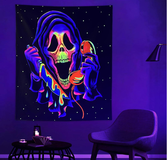 Blacklight Horror Wall Tapestry, UV Reactive Cool Ghost Wall Hanging Tapestries