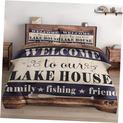 Comforter Set Queen Size with 2 Pillowcases, Welcome Lake House 3 Pcs Bedding