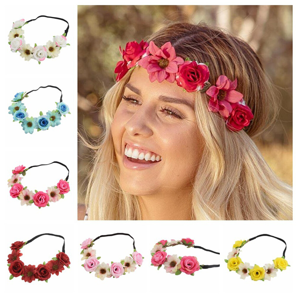 Wedding Floral Headband with Seven Flowers Elastic Hairband for Princess Style  