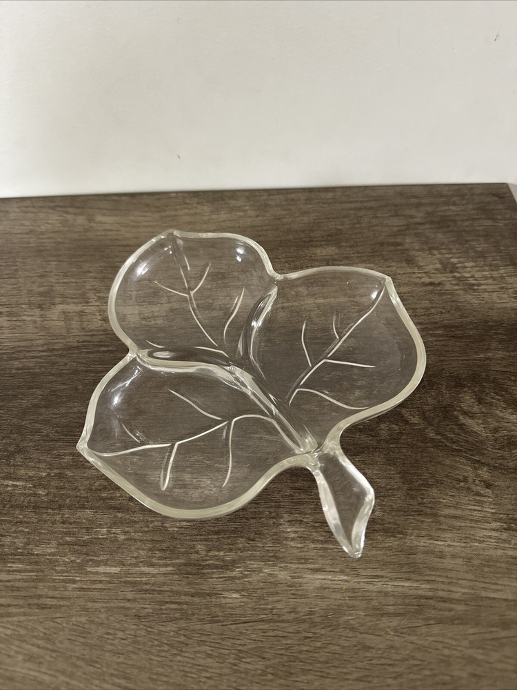 Hazel Atlas Clear Glass Leaf Candy Nut Divided Relish Dish 3 Section free US SH