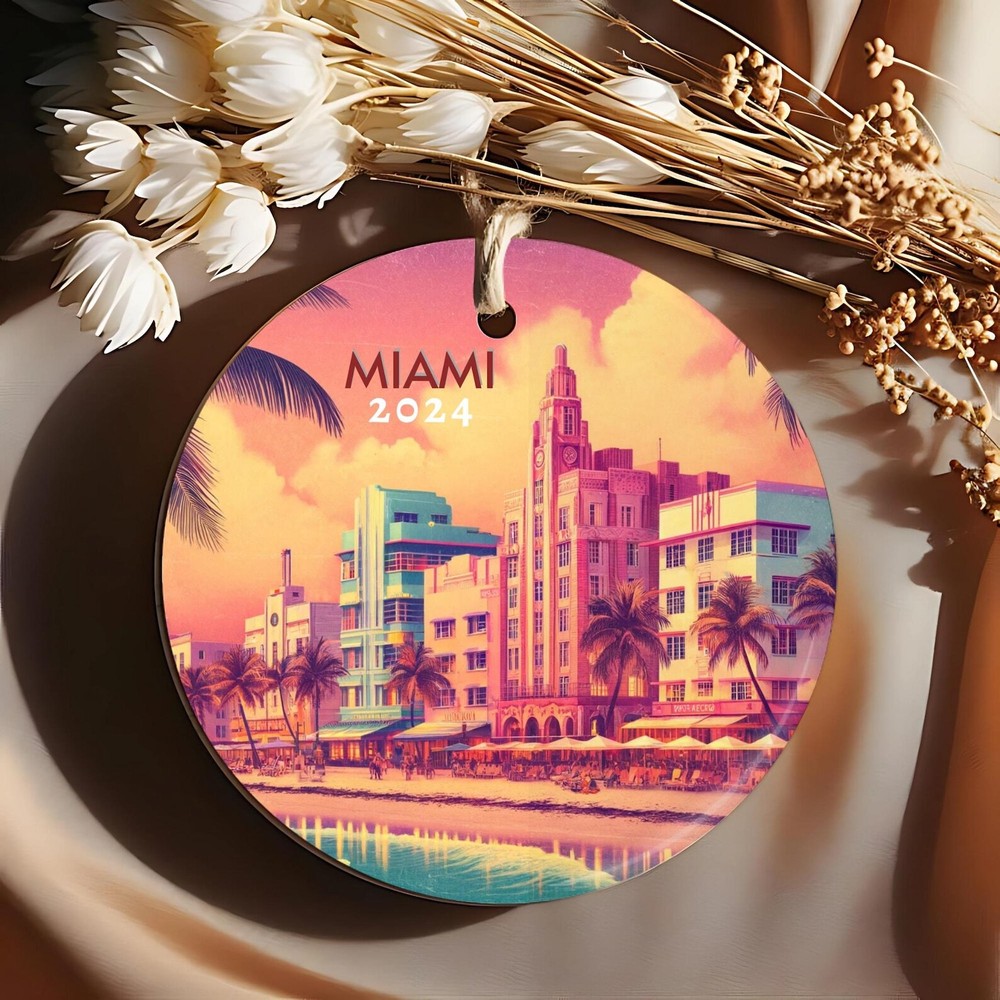 Miami Art Deco Ornament 2024 Vibrant South Beach Decor Tropical Christmas