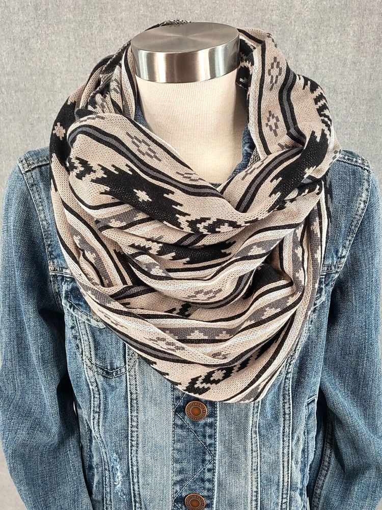 Southwestern Aztec Native Tribal Mex Infinity Scarf Black Beige Loop 16x33