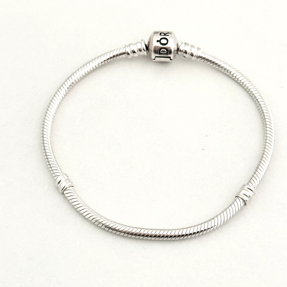 Pandora 925 Sterling Silver Moments Snake Chain Barrel Clasp Charm Bracelet 7.5